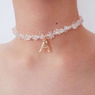 สร้อยโชคเกอร์ลูกปัดใส จี้ตัวอักษร A Clear Crystal Bead with  A-Alphabet Charm Pendant Choker Necklace