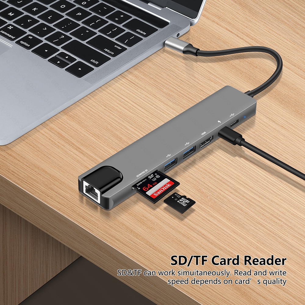 GOOJODOQ พร้อมส่ง  8-in-1 อะแดปเตอร์ฮับการ์ดรีดเดอร์ USB Type-C Hub 4K HDMI RJ45 USB SD/TF PD ชาร์จเร็ว สำหรับ MacBook
