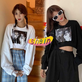 shein🔥เสื้อแขนยาว oversize เสื้อเอวลอยผู้หญิง สีดำ  เกาหลี 2281