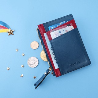 "Navy Blue &amp; Red Trim" Vavia Zipper Card Purse หนังวัวแท้ มี 8 ช่องใส่บัตร และ 1 ช่องซิป