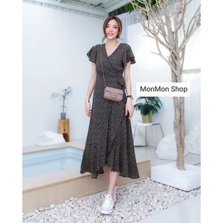 MONMONSHOP👗MON6052 แม็กซี่เดรสทรงป้ายอก พิมพ์ลายใบไม้ แขนระบายงานน่ารักมากๆนะคะ ช่วงชายแต่งระบายเก๋สุดๆค่ะ