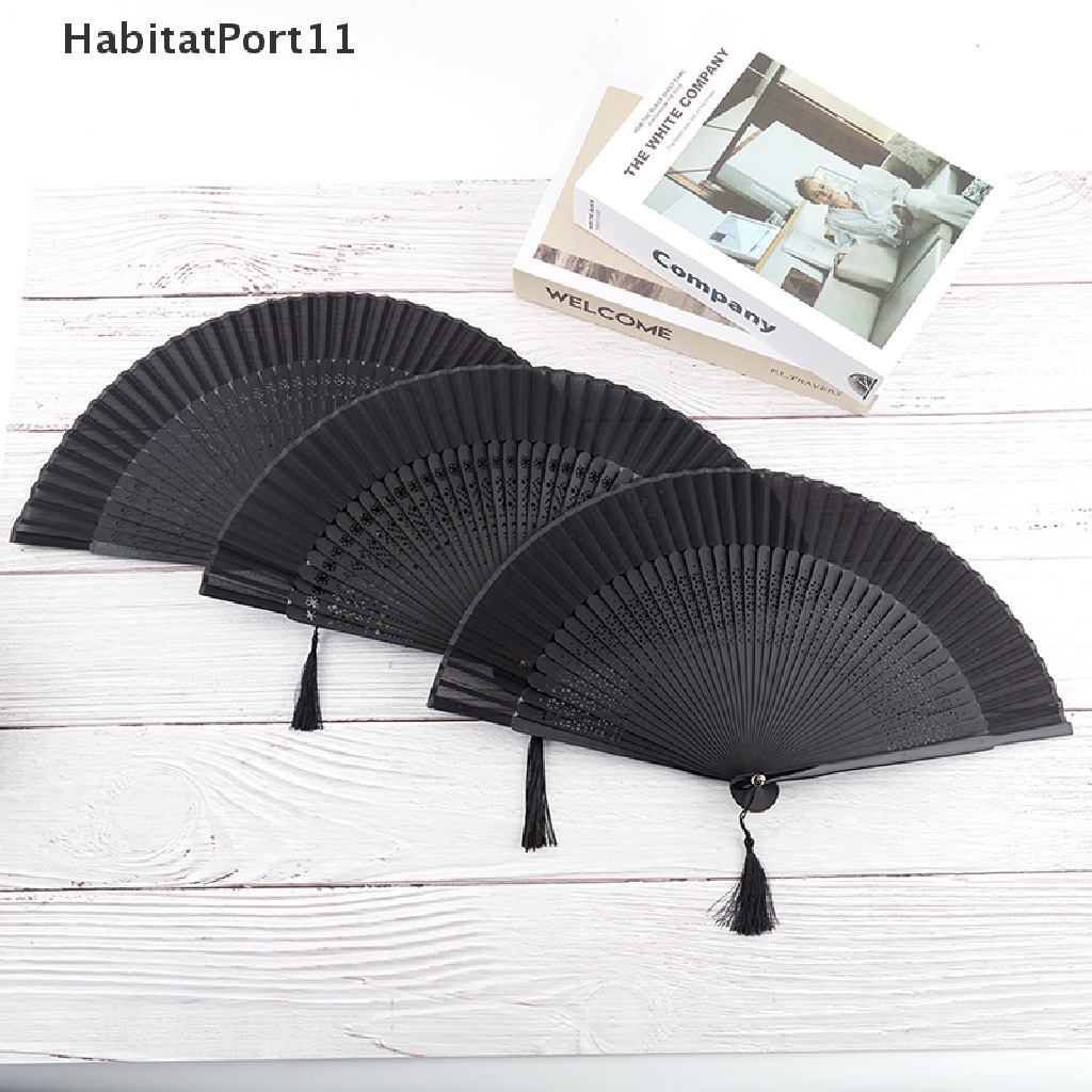 Habitatport พัดเต้นรํา แบบพับได้ สีดํา สไตล์จีนคลาสสิก สําหรับผู้หญิง
