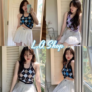 L.A Shop  พร้อมส่ง เสื้อไหมพรมคล้องคอ ลายตารางหมากรุก (E201)​