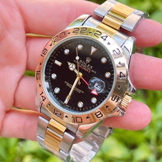 นาฬิกาข้อมือ Rolex สายเงินทอง หน้าปัดดำขนาด 43 มม. ระบบควอทช์ มีวันที่ พร้อมกล่องแบรนด์ฟรี