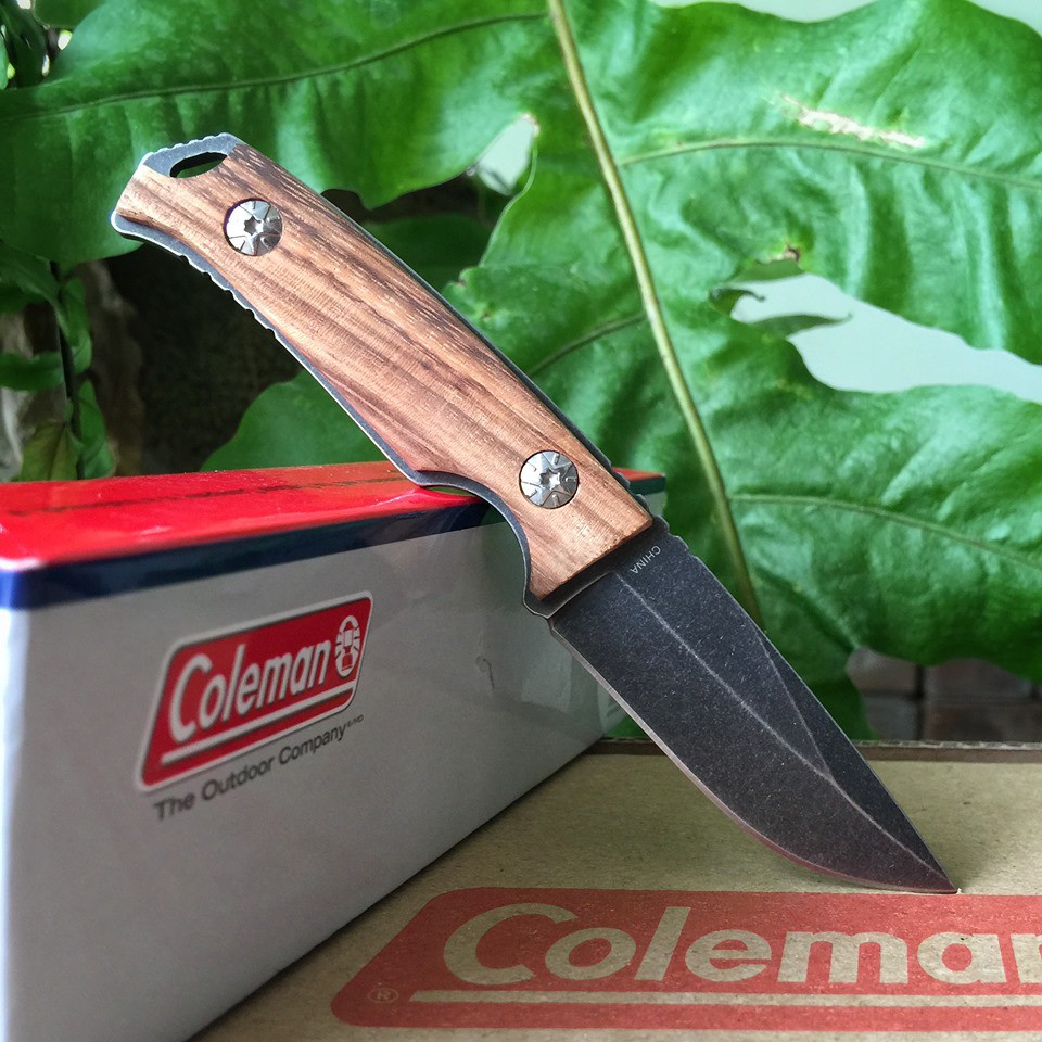 COLEMAN Fixed Blade Hunting Knife with Zebra Wood Handle and Leather