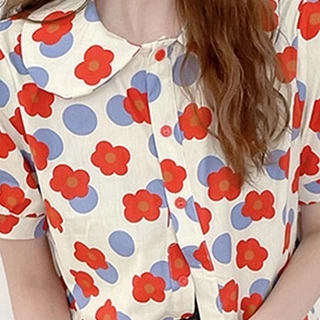 เสื้อเชิ้ตแขนสั้นลายดอกไม้ย้อนยุคใหม่สำหรับผู้หญิง เนื้อผ้าใส่สบาย เสื้อ สงกรานต์ ผู้หญิง