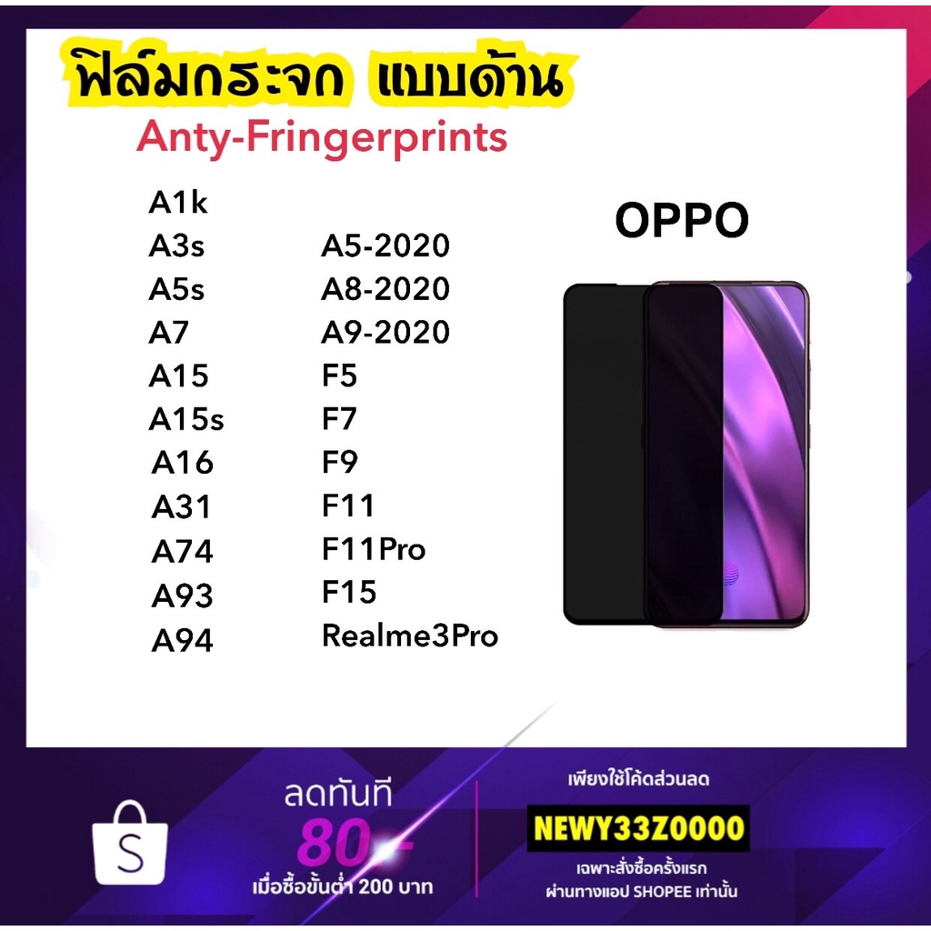 ฟิล์มกระจก AGด้าน OPPO A1K A3S A5S A7 A15 A15S A16 A31 A74 A94 A93 A8 A5-2020 A9-2020 Realme3Pro F5 F7 F9 F11 F11Pro F15