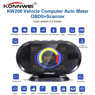 ใหม่ KONNWEI KW206 OBDII EOBD เครื่องอ่านโค้ดสแกนเนอร์ + จอแสดงผล HUD Head-up 12V เครื่องวัดความเร็วเกิน เกจวัดความเร็ว OBD2 เครื่องสแกนเนอร์