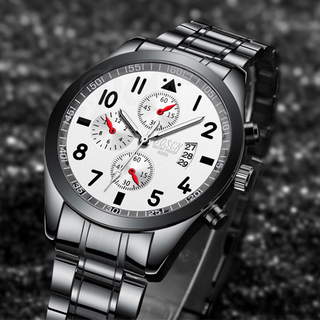 Bosck Man 6852 นาฬิกาข้อมือ ผู้ชาย สายเหล็ก แฟชั่น สายสแตนเลสดำ หน้าปัดดำมีวันที่ กันน้ำได้ รุ่น Bos