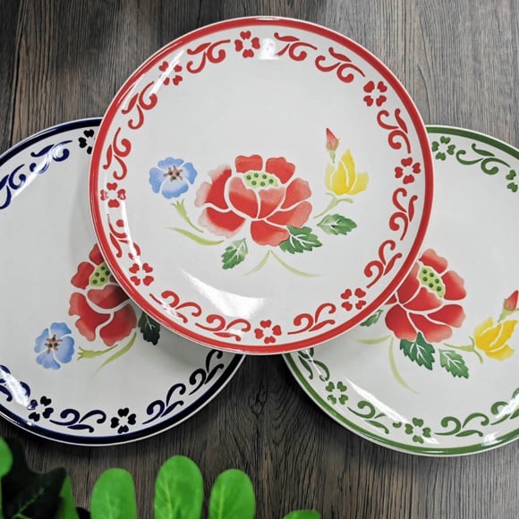 INDRA CERAMIC เซรามิกเข้าไมโครเวฟได้ จานกลมโค้ง 27 ซม. - ลายดอกถาดวินเทจ 3 สี