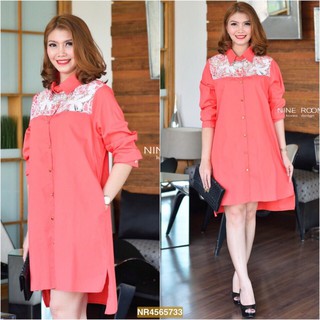 Granddesignplus NR733**สีส้ม**รอบอก 44" Rose Lace Shoulder With Premium Korea Cotton Shirtdress