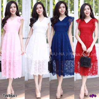 8641 Dress ชุดเดรสลูกไม้ ไหล่ระบาย