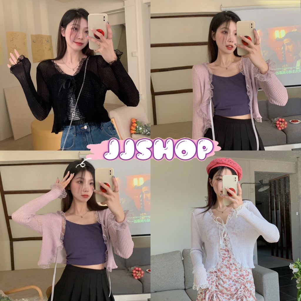 JJ shop💜 พร้อมส่ง เสื้อคลุมซีทรู ไหมพรมลายลูกไม้ดีเทลผูกเชือกได้ “9515”