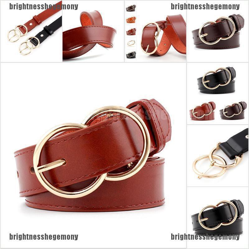 {brightnesshegemony}Women Faux Leather Belt Double Ring Buckle Belt