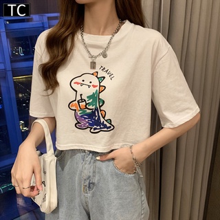 【ผ้าฝ้ายแท้】เสื้อยืดแขนสั้นพิมพ์ลายTC เสื้อยืดผู้หญิงins แขนสั้น สไตล์เกาหลี ลายการ์ตูน เอวลอย น่ารักใสๆ รุ่น2752