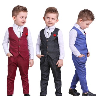 Ready Stock 3Pcs Toddler Boys Ring Bearer Suit Formal Attire Set Vest Shirt Pants Wedding Birthday Party Outfit School Pageant Host Costume