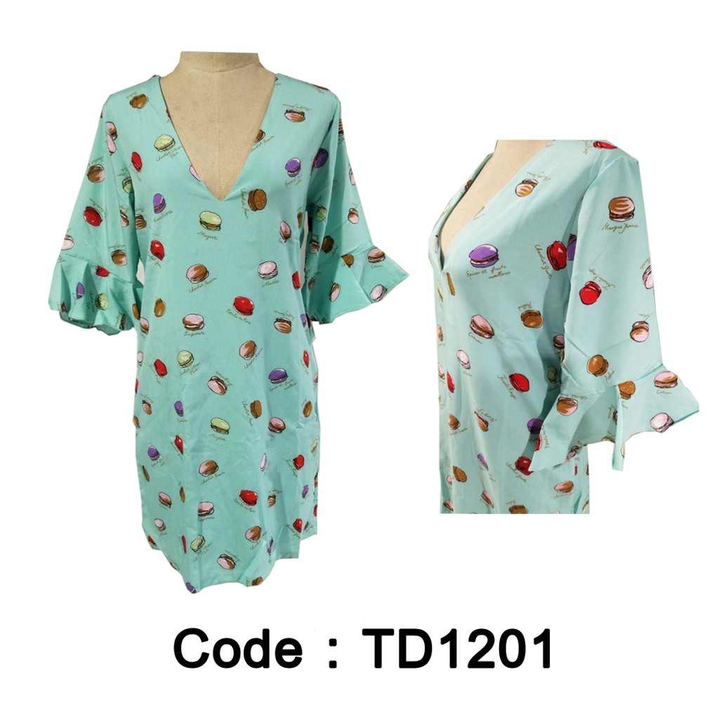 VILA.OFFICIAL - ส่งฟรีเคอรี่ Macaroon Printed V Neck Dress