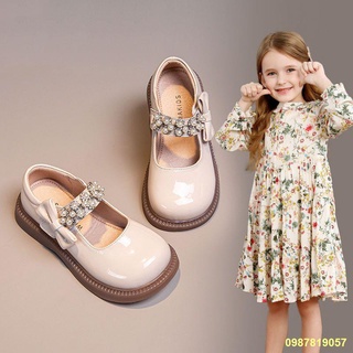 🌻Hot sale#👫รองเท้าหนังเด็กผู้หญิง 2022 Amoi Soft Sole Kids Baby Fashion British Shoes Black Princess Shoes