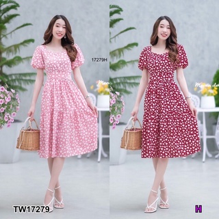 เดรสแขนตุ๊กตาลายหัวใจ ผูกเอว TT17279