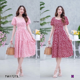 TwinsShopVip💗พร้อมส่ง TW17279 เดรสแขนตุ๊กตาลายหัวใจ ผูกเอว