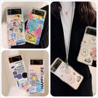 เคสโทรศัพท์มือถือ แบบใส ลายหน้ายิ้ม พร้อมสร้อยข้อมือ สําหรับ Samsung Galaxy Z Flip 4 Z Flip 3 4 5G