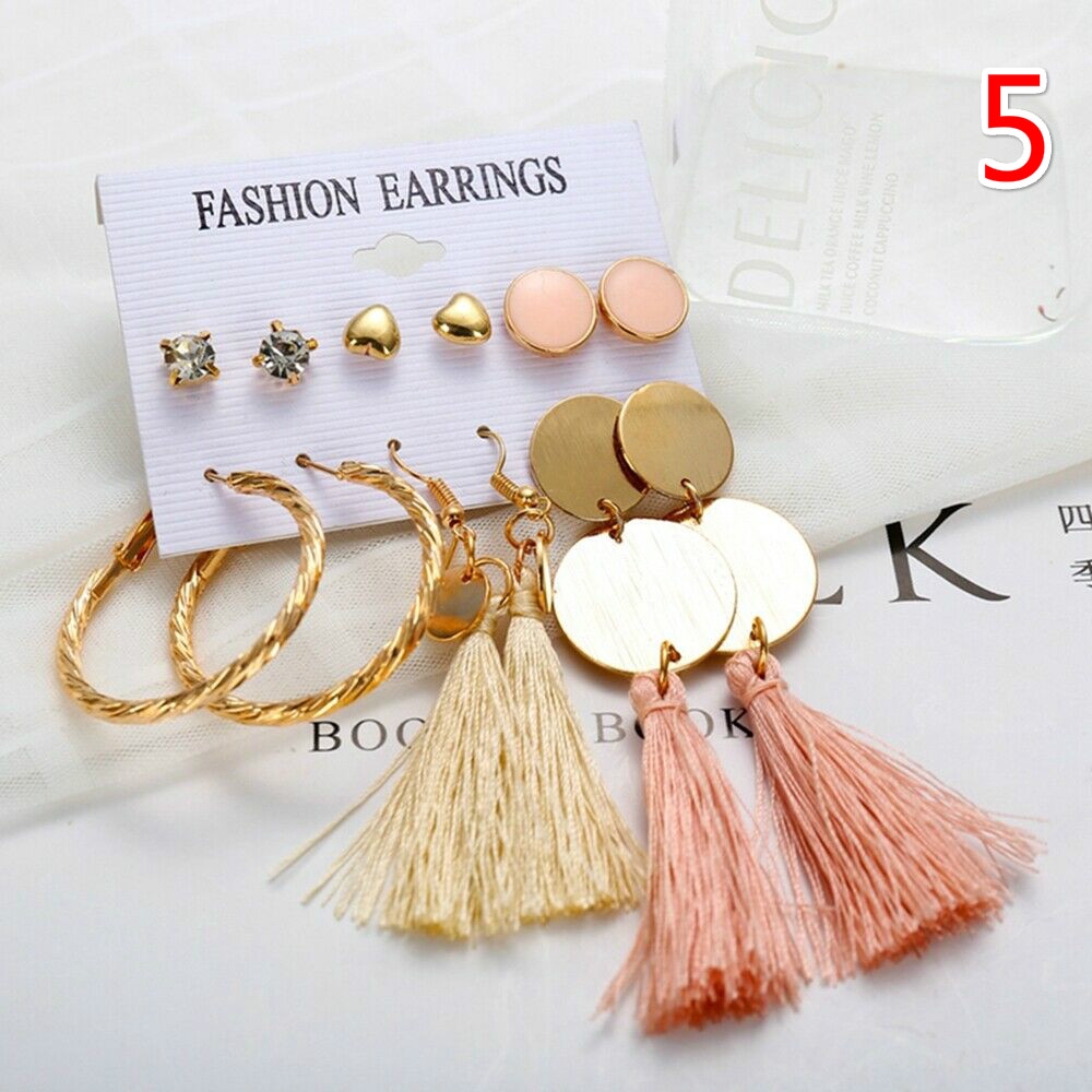 6Pairs//Set Boho Tassel Crystal Pearl Earrings Women Ear Stud Drop Dangle Jewelry