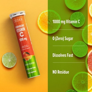 วิตามินซีเม็ดฟู่ 1000 มก. ORZAX Vitamin C 1000mg, 20 Vegetable Effervescent Tablets, Orange Flavored