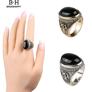 💘broadhappy💍แหวนวินเทจฝัง Big Black Rhinestone ผู้ชายวินเทจ แหวนเกลี้ยง