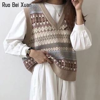 RUO BEI XUAN เสื้อกั๊กถักสำหรับผู้หญิงแขนกุดคอวีถักเสื้อกั๊กย้อนยุค Colorblock Pullover เสื้อแขนกุด