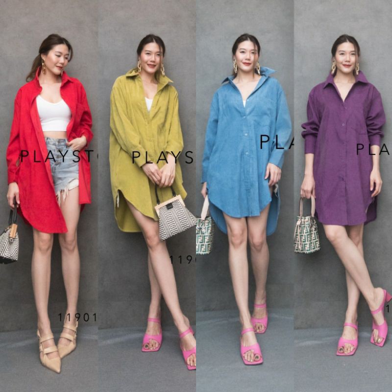 Mirrorsister #11901.4 เดรสเชิ้ตผ้าลูกฟูก เดรสสั้น ชุดไปเที่ยว ชุดสีสดใส