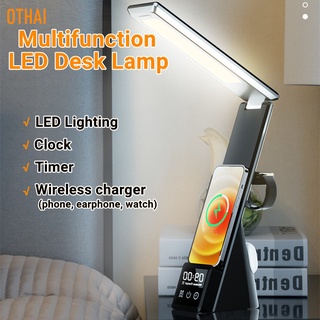 5-in-1 โคมไฟตั้งโต๊ะ LED 15W ไร้สาย ชาร์จเร็ว อเนกประสงค์ พร้อมนาฬิกาปลุก สําหรับโทรศัพท์มือถือ หูฟัง นาฬิกา