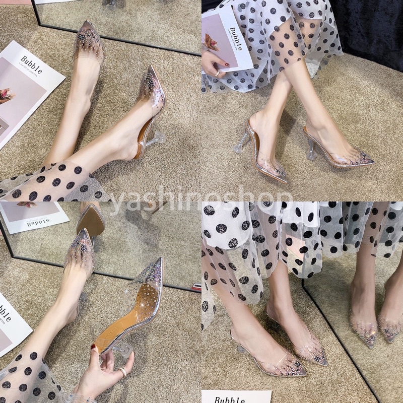 📦[ส่งของทุกวันจาก กทม.] รองเท้าส้นสูงหนังแก้วประดับเพชรเล็ก ความสูง 2.7-3.5 นิ้ว💕