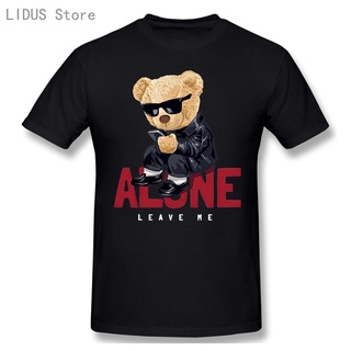 แขนสั้นcrew neckเสื้อยืด ผ้าฝ้าย พิมพ์ลายกราฟิก Alone Leave Me Teddy Bear สไตล์ฮาราจูกุ GFDSF61EW37228S-XXXXL