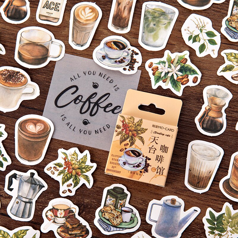 Journamm สติ๊กเกอร์ลายกาแฟสไตล์วินเทจสําหรับตกแต่งสมุดภาพ 46 ชิ้น