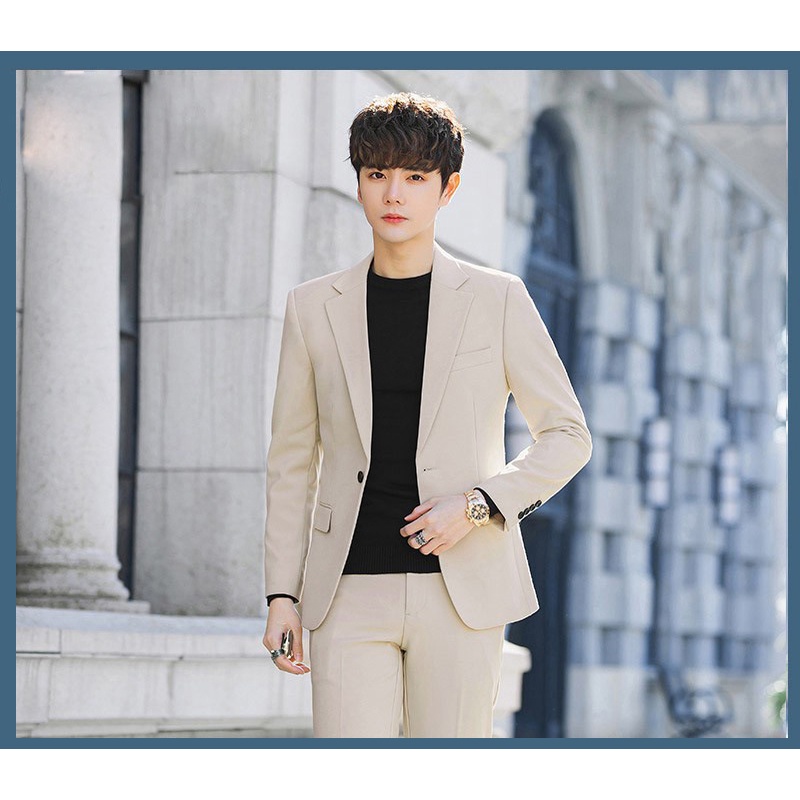 ชุดสูทผู้ชายเกาหลีระดับไฮเอนด์ Slim Fit ชุดทำงานสีทึบ