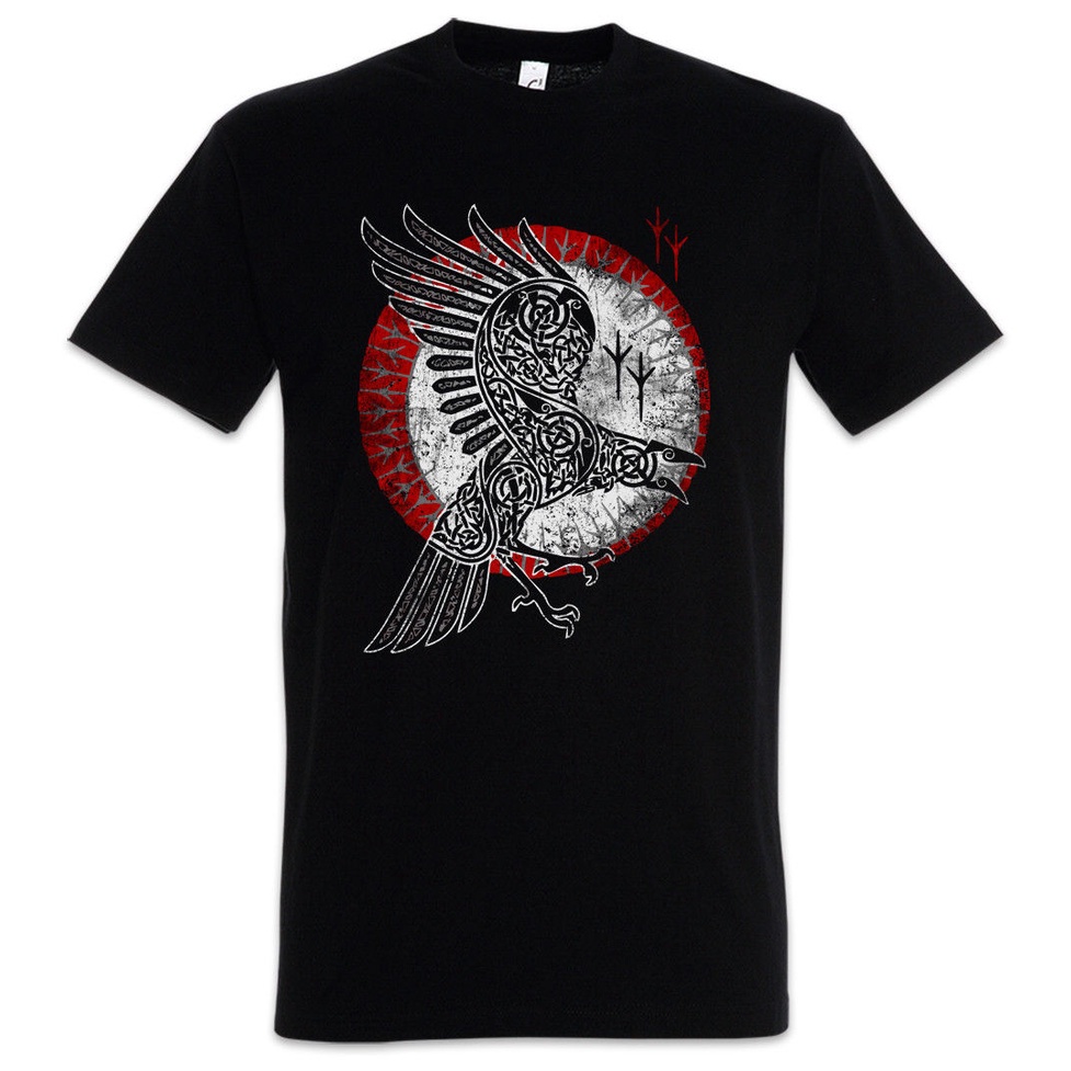 เสื้อยืดผ้าฝ้าย พิมพ์ลาย Norse Raven Hugin and Munin Valhalla Norse Vikings Odhin Odin Thor สีดํา แฟ