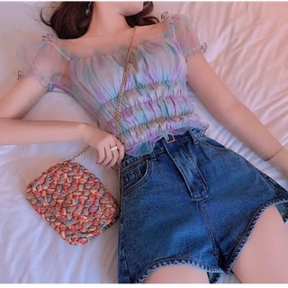เสื้อครอปดอลลี่สีพาสเทล ผ้ามุ้งซีทรู+ผ้ายืดคอลตอน ผ้านำเข้า งานสวย งานน่ารัก ใส่แร้วแบ๊วสุดๆ สาวๆไม่ควรพลาดนะ ราคา 180฿