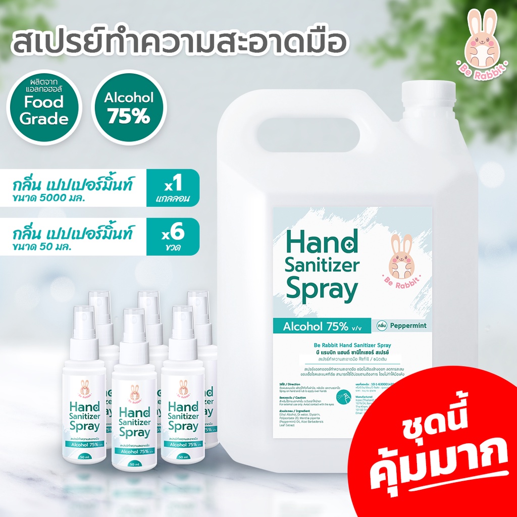 คุ้มมาก!! แอลกอฮอล์สเปรย์ 75%  5 ลิตร 1 แกลลอน + 50ml. 6 ขวด  / กลิ่น เปปเปอร์ มินต์ / Food Grade
