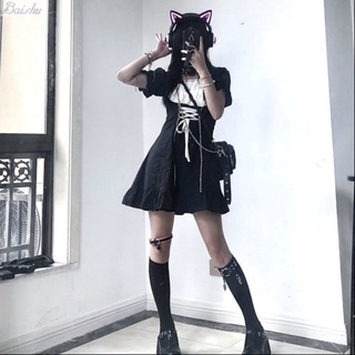 เดรสแขนฟองเอวผู้หญิงญี่ปุ่นกระโปรงโลลิต้าสีดำน่ารัก