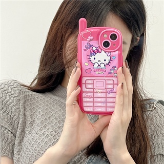 【Creative Retro telephone】เคสโทรศัพท์มือถือ ลายการ์ตูนเฮลโลคิตตี้น่ารัก สีชมพู สําหรับ iPhone 14 13 12 11 Pro Max XR X XSMAX