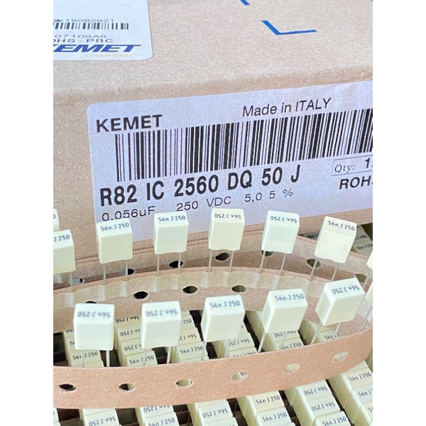 0.056UF 250V 56nF 250V Cโพลีขา5มิล made in Italy (แพ็ค10ตัว) เกรดอย่างดี สีเหลืองซีด คาปาซิเตอร์โพลีเอสเตอร์ Cโพลี 5มิล