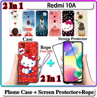 2 IN 1 เคส Redmi 10A พร้อมกระจกนิรภัยกันรอยหน้าจอโค้งเซรามิค สําหรับเด็กผู้หญิงและคิตตี้