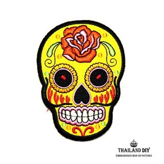 ตัวรีดติดเสื้อ กระโหลกเม็กซิกัน ตัวรีดรอยสักกระโหลก เม็กซิโก สีเหลือง Sugar Skull Patch งานปัก DIY ตัวรีด ติดเสื้อ อาร์ม