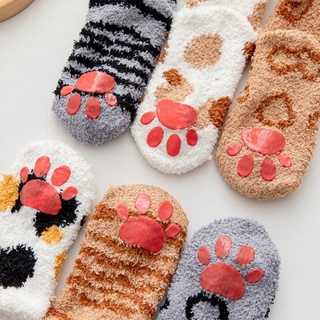 ผู้หญิงฤดูหนาวน่ารัก Cat Paw Fuzzy รองเท้าแตะถุงเท้า Grippers 3D Kitten Plush TAIL Anti-Skid Fluffy WARM ชั้นร้านขายชุดชั้นใน