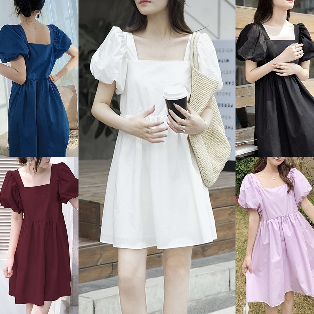 ราคาถูกที่สุด ชุดเดรสสั้นทรงใหญ่บานๆ แขนตุ๊กตาพองๆน่ารัก สีพื้น 5 สี
