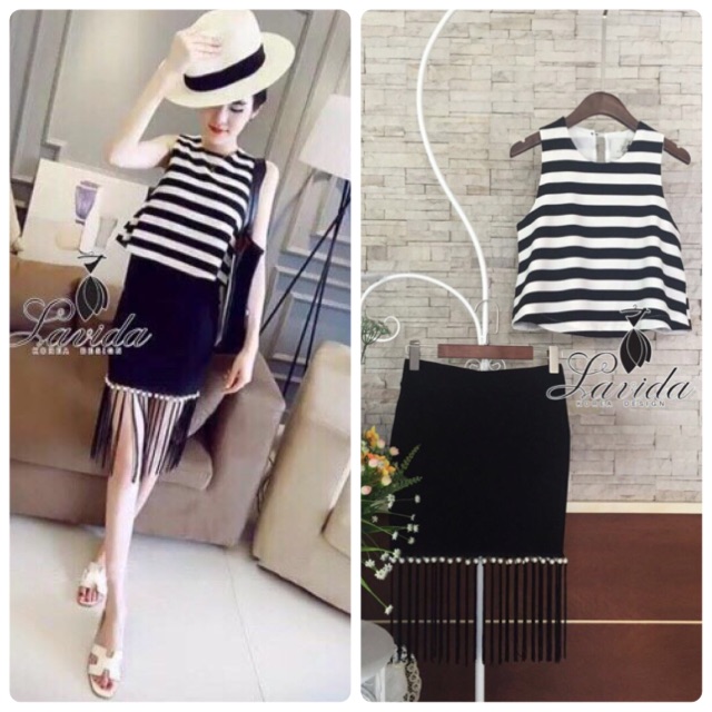 🍭Korea Design By Lavida black and white striped shirt pear set