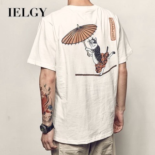 Ielgy เสื้อยืดคอกลม แขนสั้น พิมพ์ลายแมว แนวเรโทร สไตล์เกาหลี ญี่ปุ่น สําหรับนักเรียน