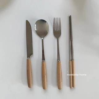 ช้อนไม้ ส้อมไม้ ตะเกียบไม้ มีดไม้ ด้ามไม้ทรงกระบอกมีดตะเกียบช้อนส้อมชุดช้อนส้อมมีดสเตนเลสย้อนยุค พร้อมส่งจากไทย