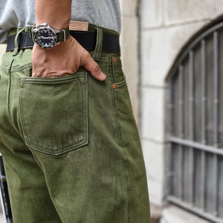 ₪◈Saucezhan Men Jeans Vulcanization Olive Green 107 Selvedge Denim Jeans Men washed  Slim Fit 14 Oz  Zipper Fly