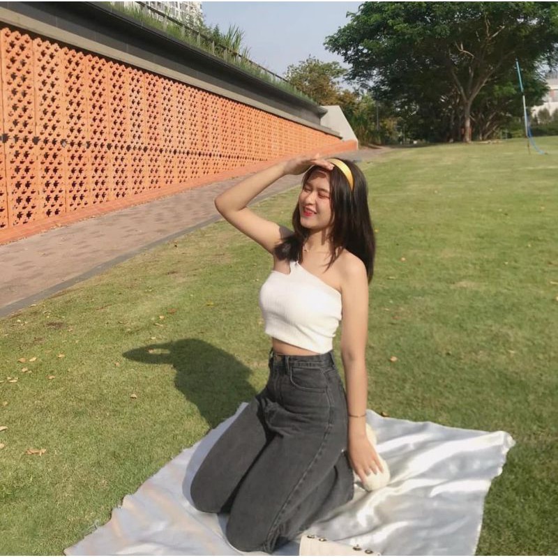 Begin1990กางเกงยีนส์เอวสูงปรี๊ดดสีดำฟอก